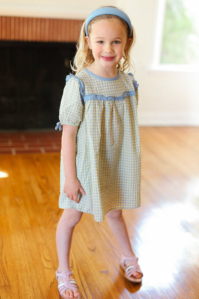 Explore More Collection - Charming Blue Gingham Elastic Tie Sleeve Dress