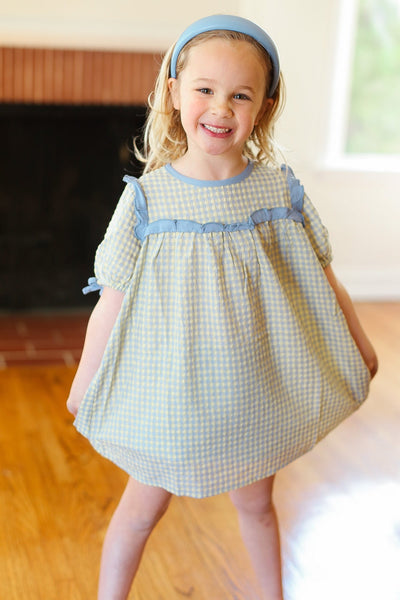 Explore More Collection - Charming Blue Gingham Elastic Tie Sleeve Dress