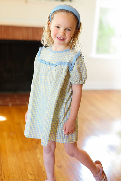 Explore More Collection - Charming Blue Gingham Elastic Tie Sleeve Dress