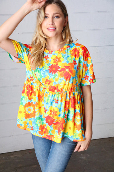 Explore More Collection - Yellow & Red Retro Floral Babydoll Top