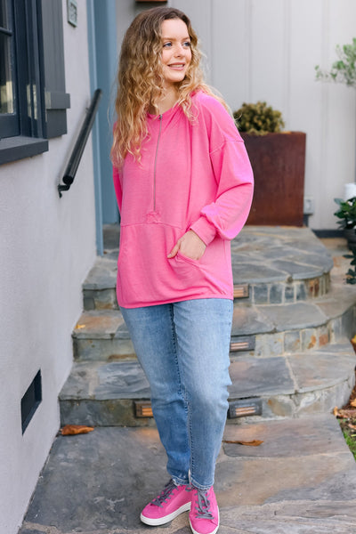 Explore More Collection - Ready to Relax Hot Pink Half Zip French Terry Hoodie