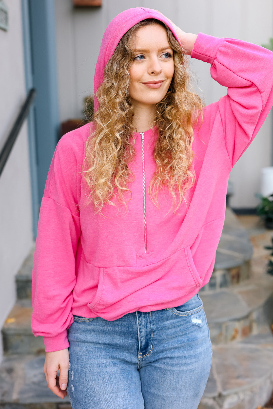 Explore More Collection - Ready to Relax Hot Pink Half Zip French Terry Hoodie