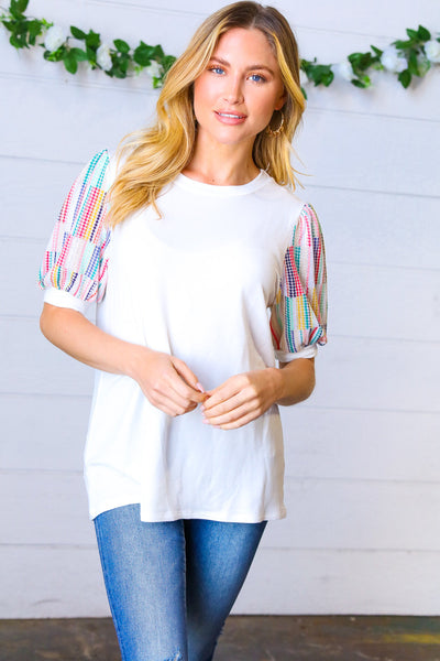 Explore More Collection - Ivory Multicolor Vertical Stripe Puff Sleeve Top