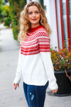 Explore More Collection - Feeling Festive Ivory & Red Fair Isle Mock Neck Sweater