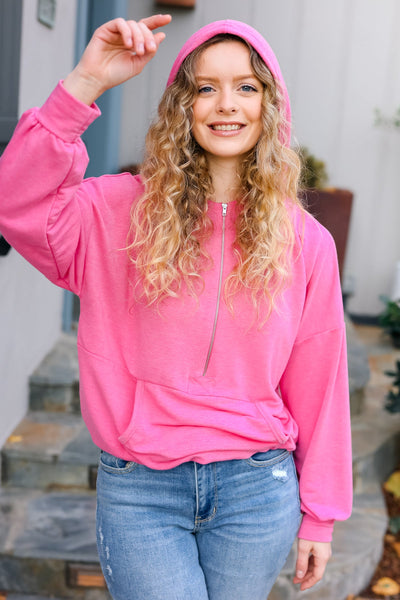 Explore More Collection - Ready to Relax Hot Pink Half Zip French Terry Hoodie