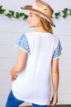 Explore More Collection - Denim & White Floral Short Flutter Sleeve Top