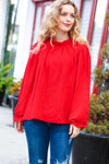 Explore More Collection - Be Merry Red Frill Mock Neck Crinkle Woven Top