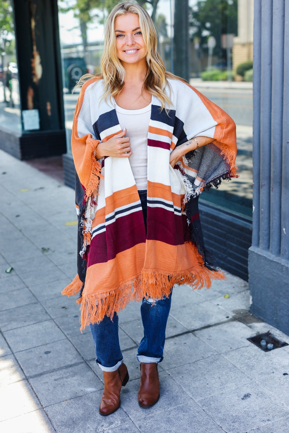 Explore More Collection - Follow Me Rust Multicolor Stripe Tassel Fringe Open Poncho