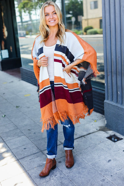 Explore More Collection - Follow Me Rust Multicolor Stripe Tassel Fringe Open Poncho