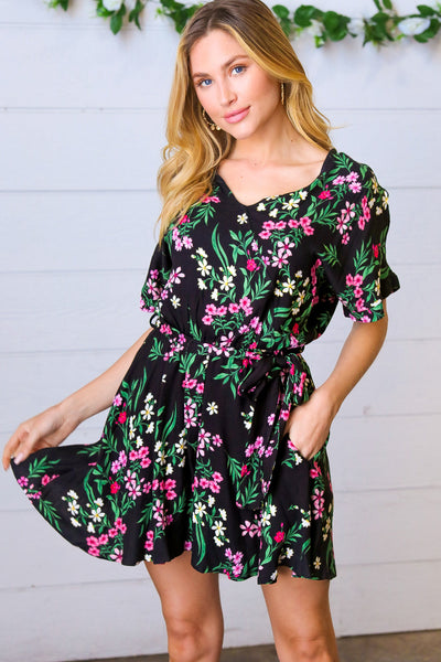 Explore More Collection - Black & Floral Surplice Short Sleeve Pocketed Romper