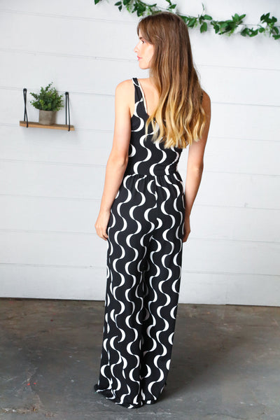 Explore More Collection - Black Abstract Wave Button Jumpsuit