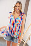 Explore More Collection - Multicolor Vertical Stripe Tie Bow Woven Top