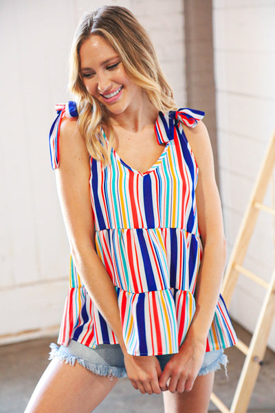 Explore More Collection - Multicolor Vertical Stripe Tie Bow Woven Top