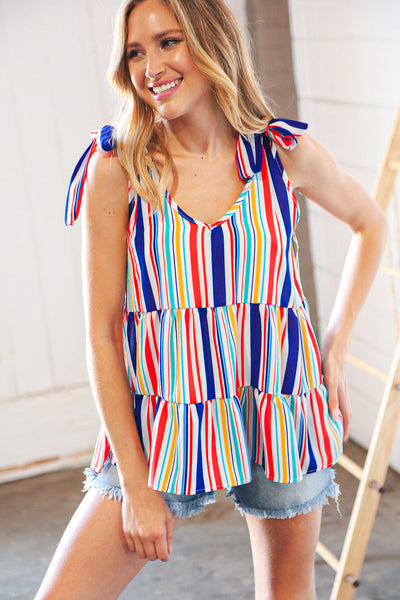 Explore More Collection - Multicolor Vertical Stripe Tie Bow Woven Top