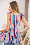 Explore More Collection - Multicolor Vertical Stripe Tie Bow Woven Top