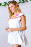 Explore More Collection - Ivory Floral Embroidery Print Ruffle Sleeve Yoke Top