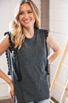 Explore More Collection - Charcoal Distressed Sleeveless Crochet Lace Top