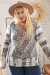 Explore More Collection - Grey Patchwork Leopard Button Down Knit Top