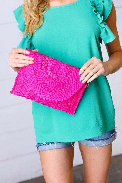 Explore More Collection - Hot Pink Woven Raffia Flap Closure Clutch Bag