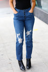 Explore More Collection - Blue Denim Boyfriend Fit Button Fly Distressed Jeans