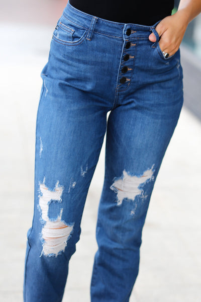 Explore More Collection - Blue Denim Boyfriend Fit Button Fly Distressed Jeans
