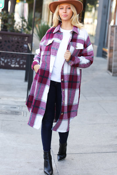 Explore More Collection - Eyes On You Burgundy Plaid Longline Jacket