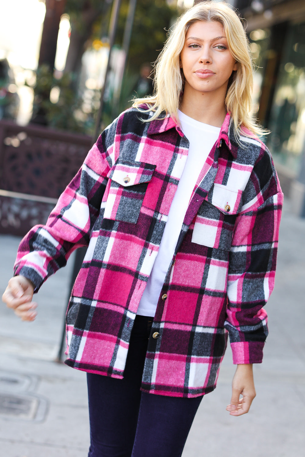 Explore More Collection - Sassy Fuchsia Plaid Flannel Button Down Shacket