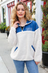 Explore More Collection - Good Vibes Denim & Ivory Patchwork Sherpa Half Zip Pullover
