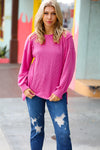 Explore More Collection - Magenta Mineral Wash Rib Knit Pullover Top