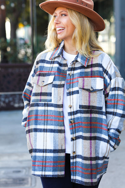 Explore More Collection - Taupe & Blue Plaid Flannel Button Down Shacket