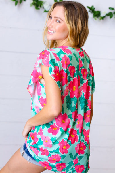 Explore More Collection - Mint & Fuchsia Floral Ruffle Sleeve Top