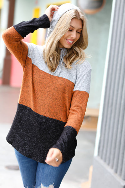 Explore More Collection - Cozy Up Heather Grey & Rust Color Block Hoodie Top