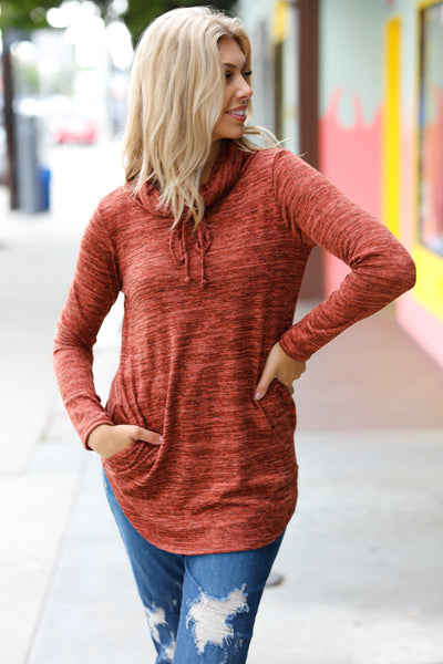 Explore More Collection - Be Your Best Rust Marled Cowl Neck Pocketed Top