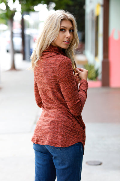 Explore More Collection - Be Your Best Rust Marled Cowl Neck Pocketed Top