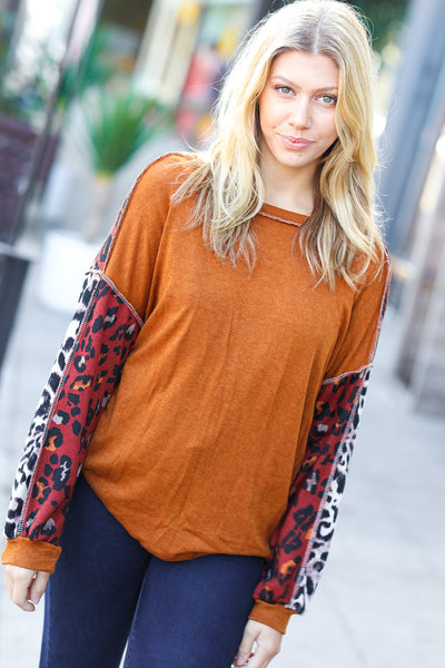Explore More Collection - More Than Lovely Rust Colorblock Leopard Knit Top