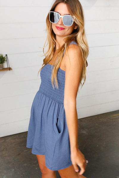 Explore More Collection - Dusty Blue Terry Smocked Tank Top Baggy Shorts Romper