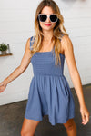 Explore More Collection - Dusty Blue Terry Smocked Tank Top Baggy Shorts Romper