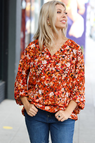 Explore More Collection - Rust Floral Print V Neck Woven Top