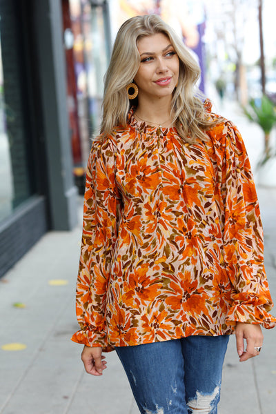 Explore More Collection - All The Joy Burnt Orange Watercolor Floral Frill Neck Top