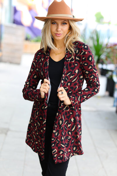 Explore More Collection - Weekend Envy Burgundy Animal Print Open Cardigan