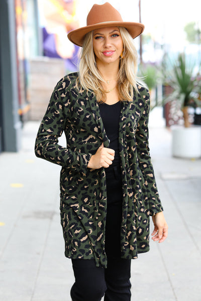 Explore More Collection - Weekend Envy Olive Animal Print Open Cardigan