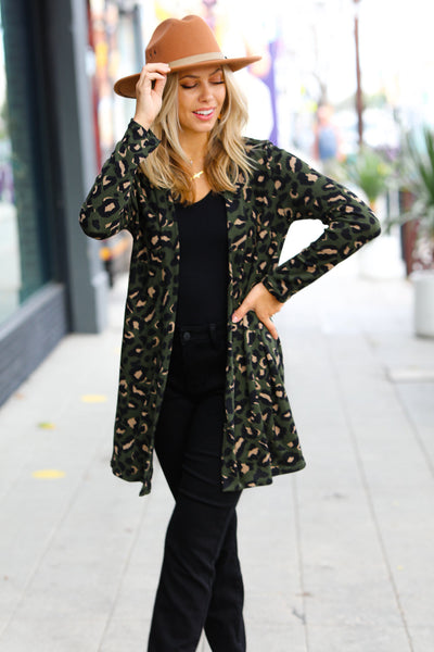 Explore More Collection - Weekend Envy Olive Animal Print Open Cardigan