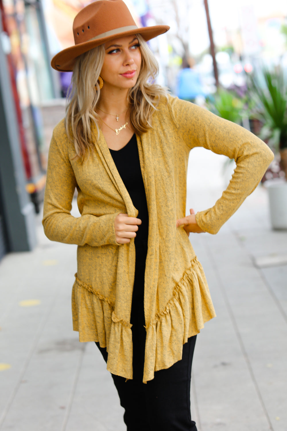 Explore More Collection - Face the Day Mustard Two-Tone Ruffle Cardigan