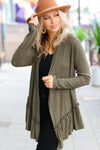 Explore More Collection - Olive Green Face the Day Two-Tone Ruffle Cardigan