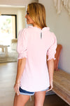 Explore More Collection - Pink Frill Mock Neck Smocked Bubble Sleeve Top