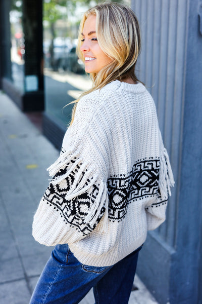 Explore More Collection - Ready For Anything Taupe & Black Tassel Aztec Sweater