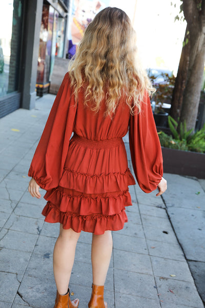Explore More Collection - On My Way Rust Smocked Waist Tiered Ruffle Lined Dress