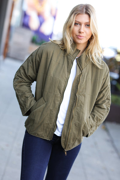Explore More Collection - City Streets Olive Cotton Quilted Zip Up Jacket