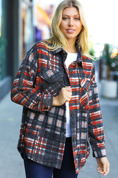 Explore More Collection - Plaid Happy Black & Rust Jacquard Oversize Pocketed Shacket