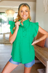 Explore More Collection - Kelly Green Textured Ruffle Mock Neck Button Down Top